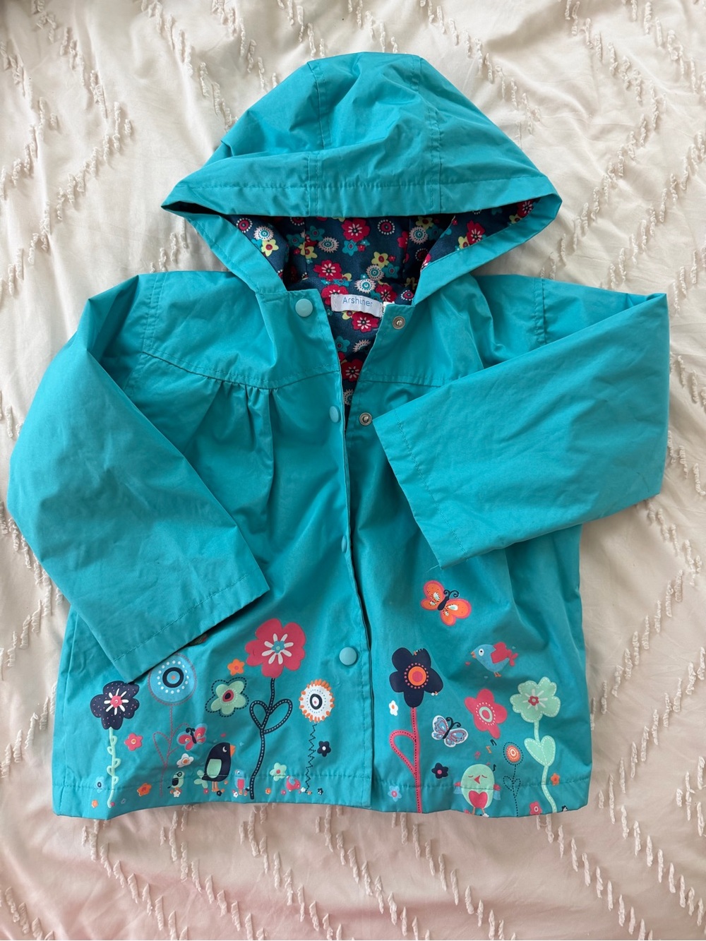 Children's Teal Floral Hooded Rain Jacket - Unbranded